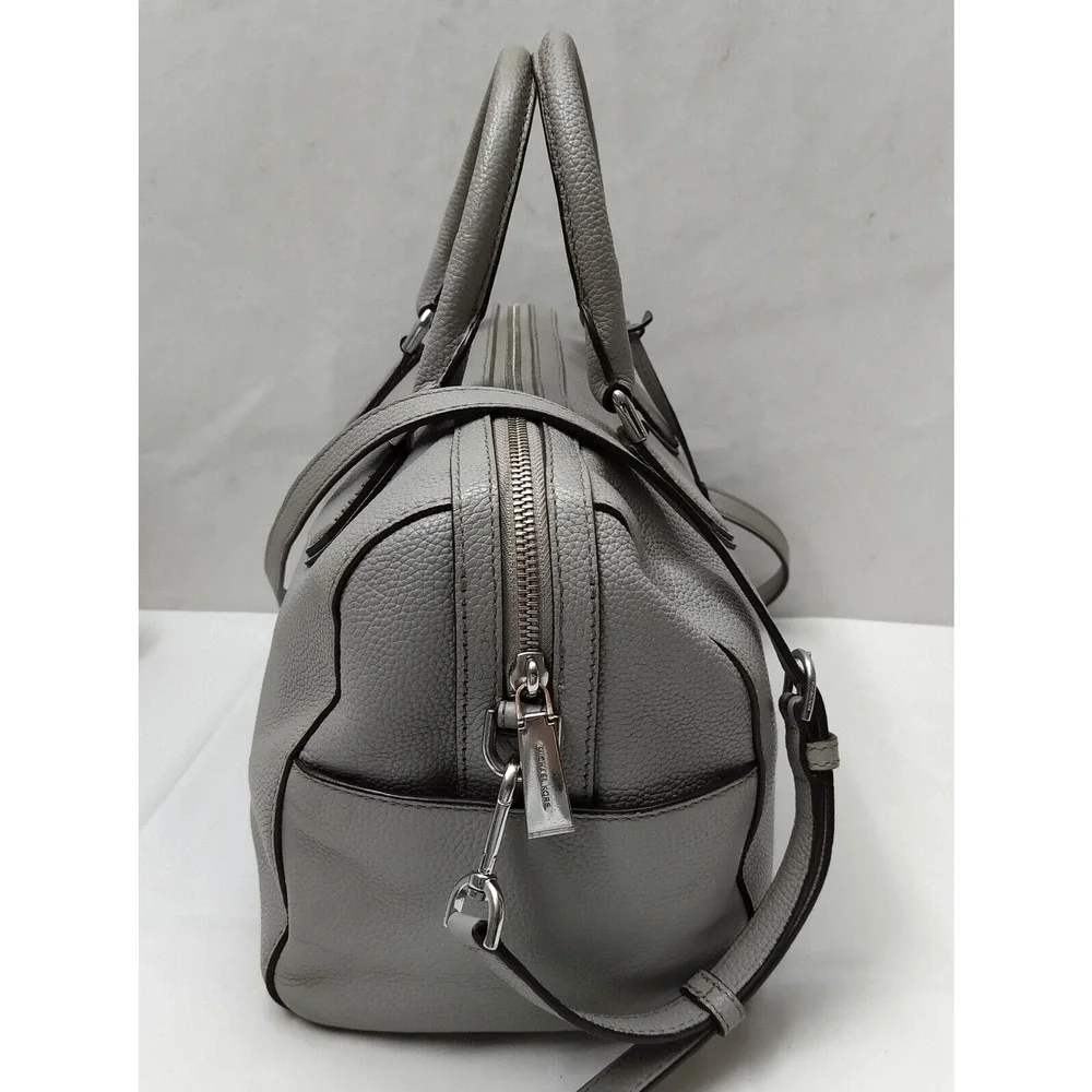 Michael Kors Mercer Gray Pebbled Leather Double Handles Zipper Satchel Bag